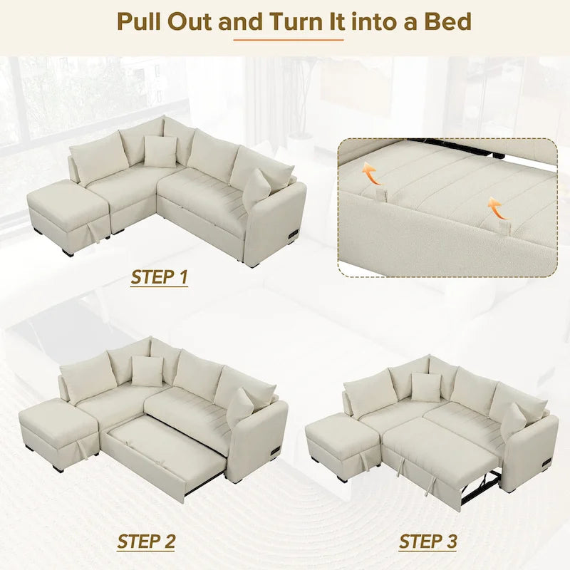 Divano letto estraibile a L con porte USB, prese di corrente e pouf contenitore