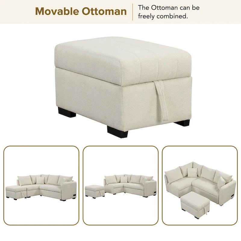 Divano letto estraibile a L con porte USB, prese di corrente e pouf contenitore