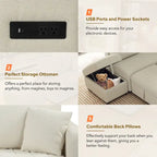 Divano letto estraibile a L con porte USB, prese di corrente e pouf contenitore