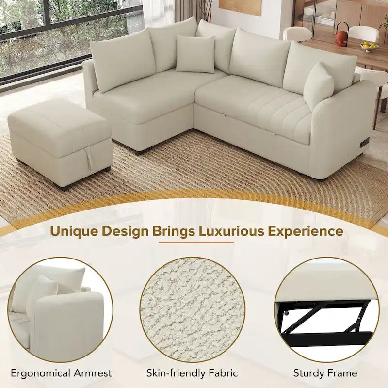 Divano letto estraibile a L con porte USB, prese di corrente e pouf contenitore