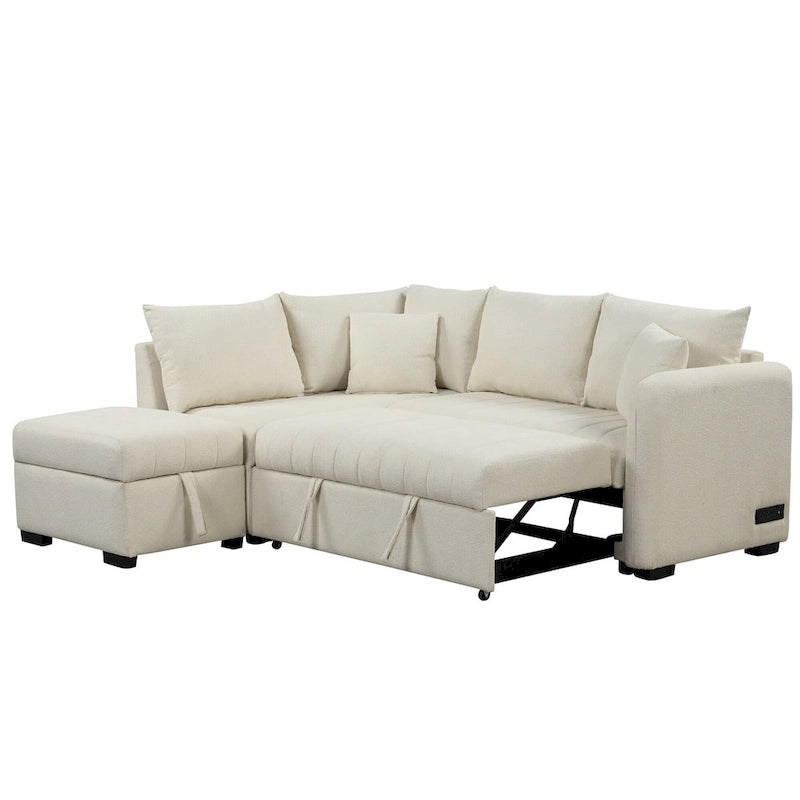 Divano letto estraibile a L con porte USB, prese di corrente e pouf contenitore