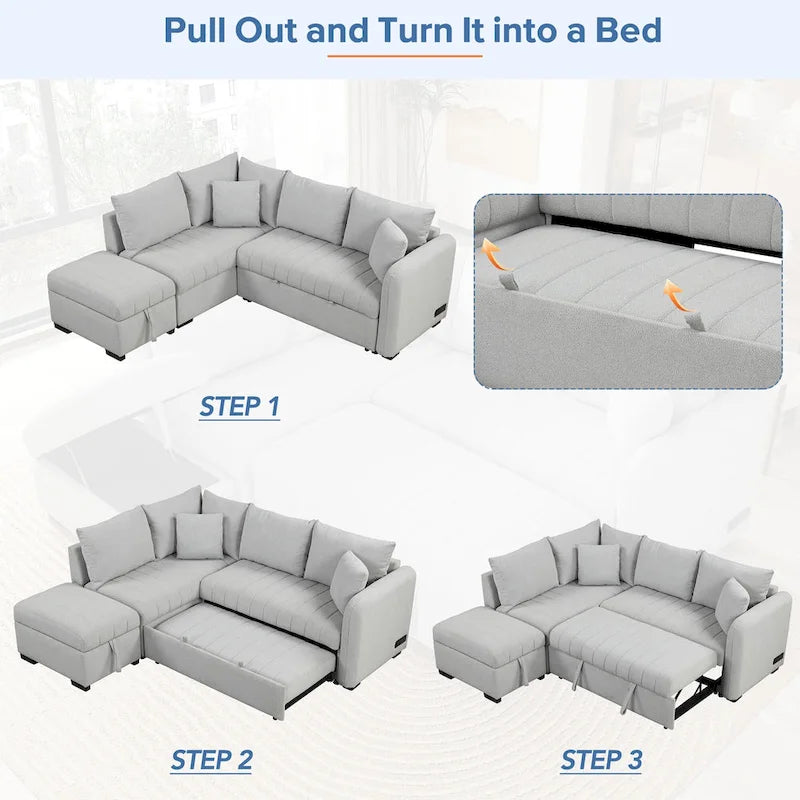 Divano letto estraibile a L con porte USB, prese di corrente e pouf contenitore