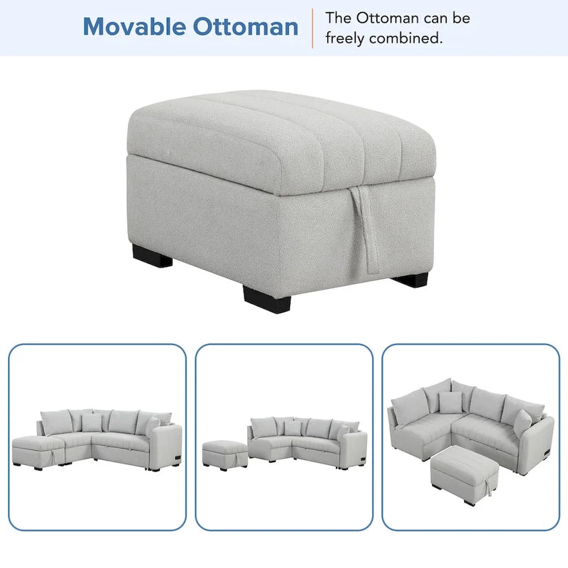 Divano letto estraibile a L con porte USB, prese di corrente e pouf contenitore
