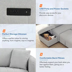 Divano letto estraibile a L con porte USB, prese di corrente e pouf contenitore