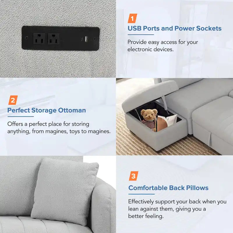Divano letto estraibile a L con porte USB, prese di corrente e pouf contenitore