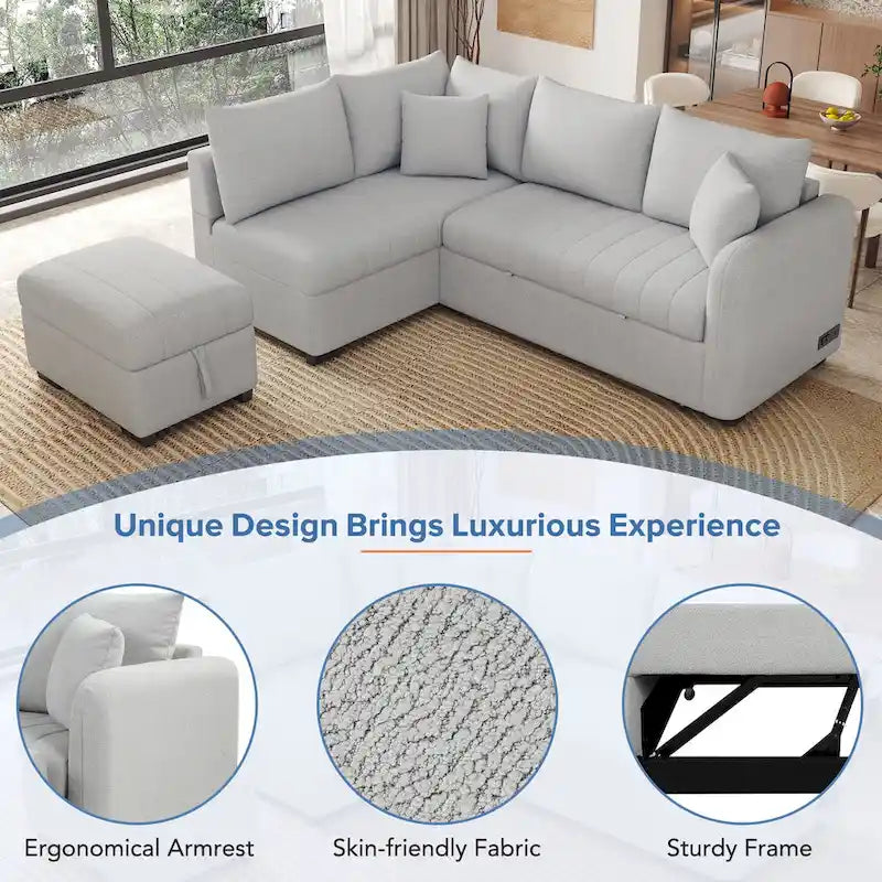 Divano letto estraibile a L con porte USB, prese di corrente e pouf contenitore