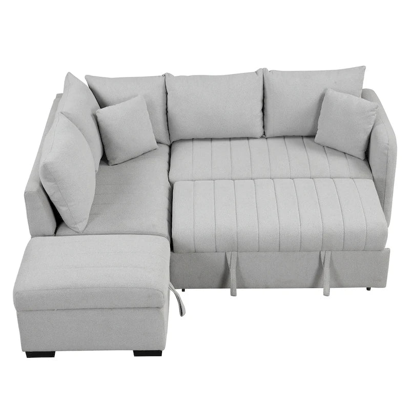 Divano letto estraibile a L con porte USB, prese di corrente e pouf contenitore