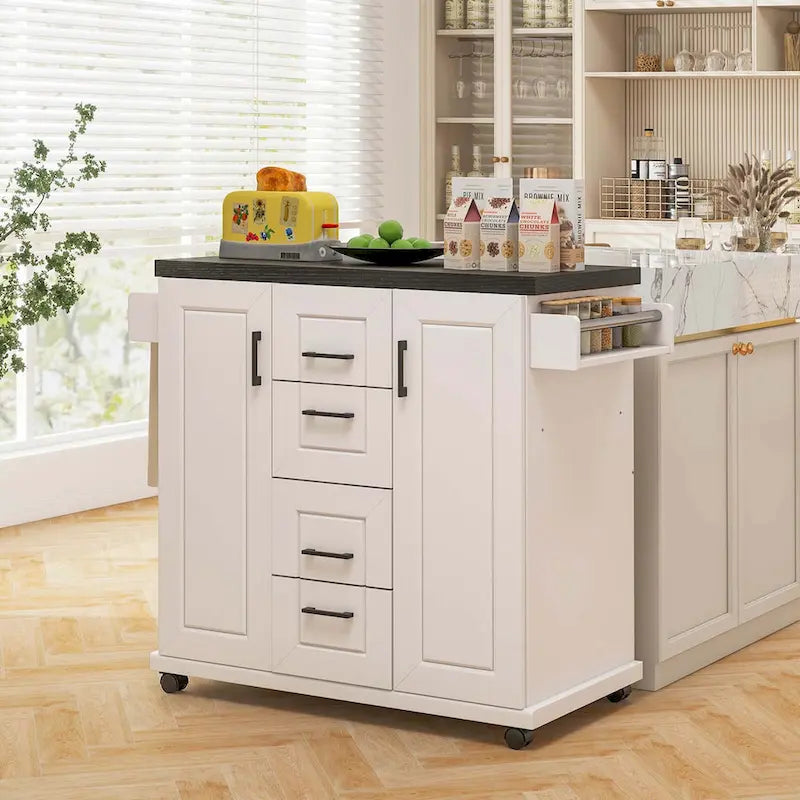Carrello da cucina con isola su ruote con cassetti e armadietti