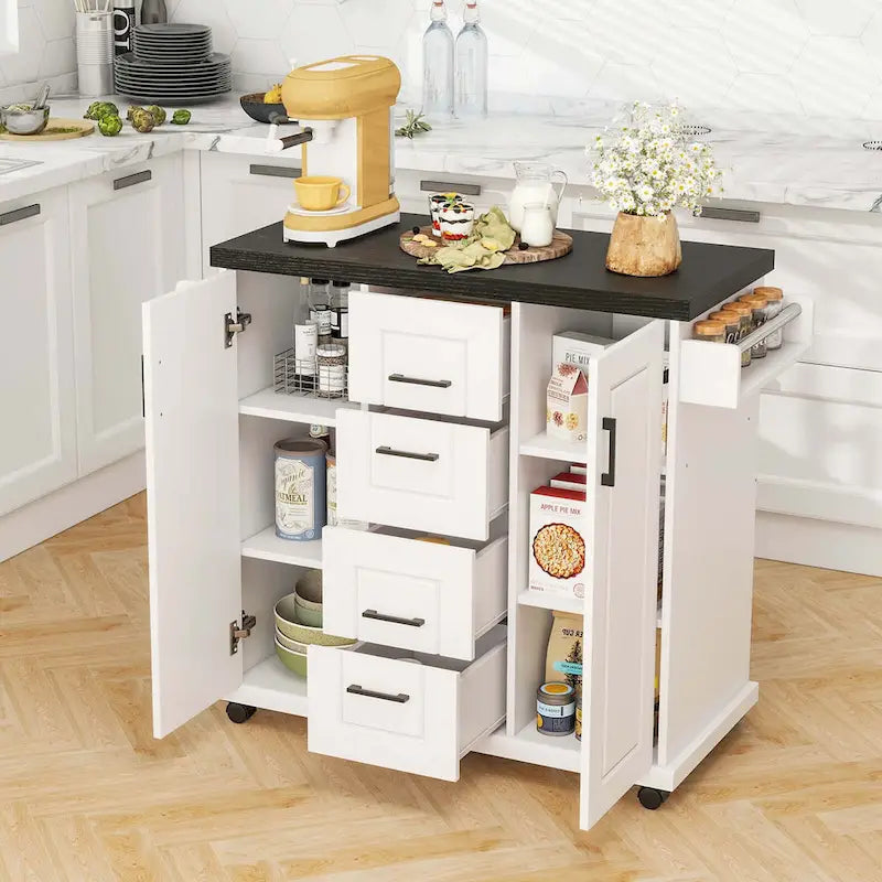 Carrello da cucina con isola su ruote con cassetti e armadietti