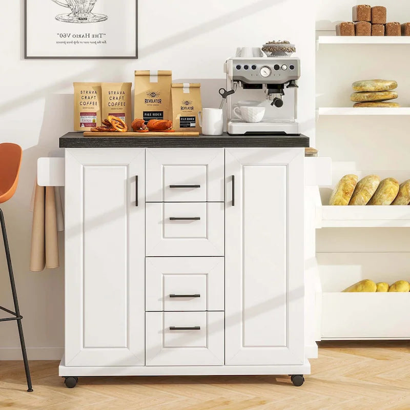 Carrello da cucina con isola su ruote con cassetti e armadietti