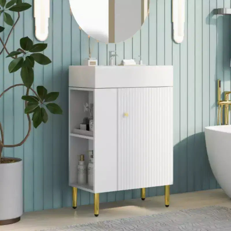 21.6 Mobile da bagno bianco, Mobile combinato, Armadietto contenitore per bagno, Lavabo singolo in ceramica, Vano contenitore a sinistra