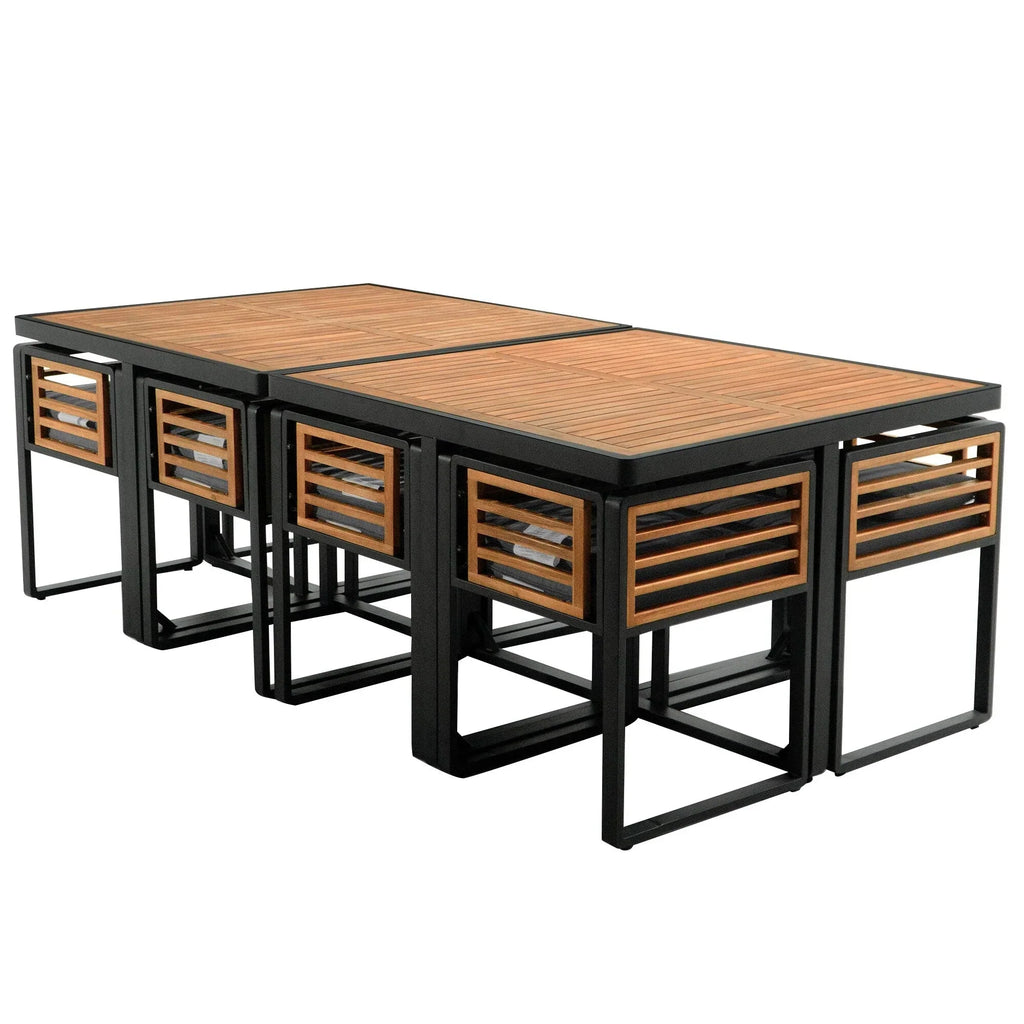 Set da pranzo da esterno in legno di acacia da 18 pezzi, 8 sedie imbottite e 8 pouf e 2 tavoli quadrati