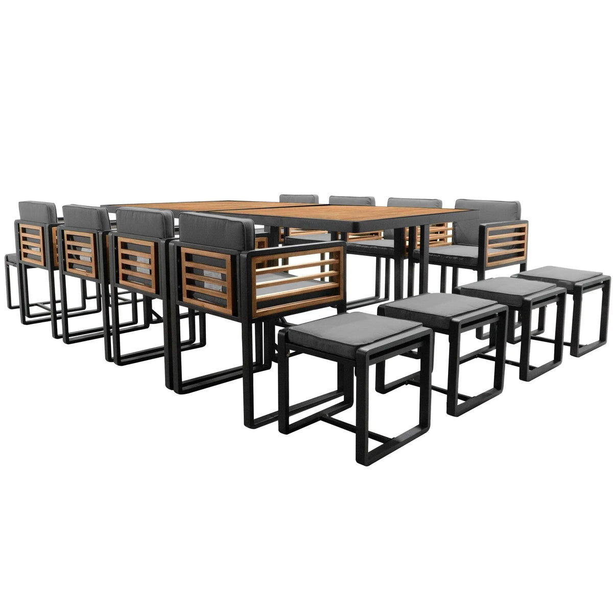 Set da pranzo da esterno in legno di acacia da 18 pezzi, 8 sedie imbottite e 8 pouf e 2 tavoli quadrati