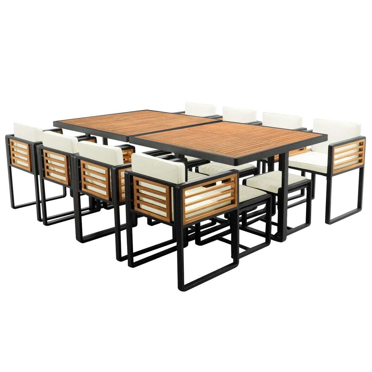 Set da pranzo da esterno in legno di acacia da 18 pezzi, 8 sedie imbottite e 8 pouf e 2 tavoli quadrati