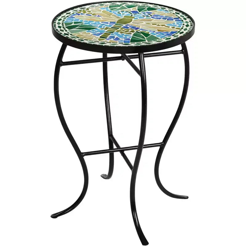 Teal Island Designs Modern Black Round Outdoor Accent Side Table 14 Wide Blue Green Dragonfly Mosaic Tabletop Front Porch Patio Home House