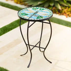 Teal Island Designs Table d'appoint ronde moderne d'extérieur noire 35,5 cm de large avec mosaïque libellule bleue et verte pour véranda, patio, maison