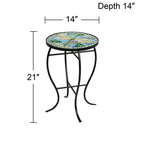 Teal Island Designs Table d'appoint ronde moderne d'extérieur noire 35,5 cm de large avec mosaïque libellule bleue et verte pour véranda, patio, maison