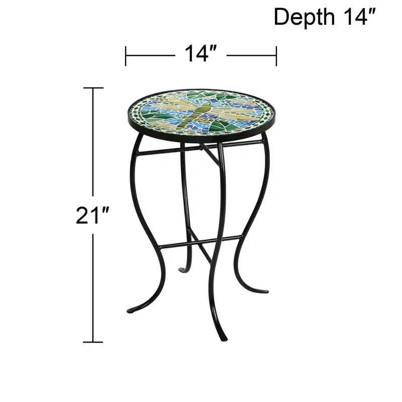 Teal Island Designs Table d'appoint ronde moderne d'extérieur noire 35,5 cm de large avec mosaïque libellule bleue et verte pour véranda, patio, maison