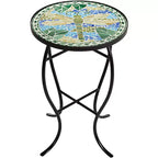 Teal Island Designs Table d'appoint ronde moderne d'extérieur noire 35,5 cm de large avec mosaïque libellule bleue et verte pour véranda, patio, maison