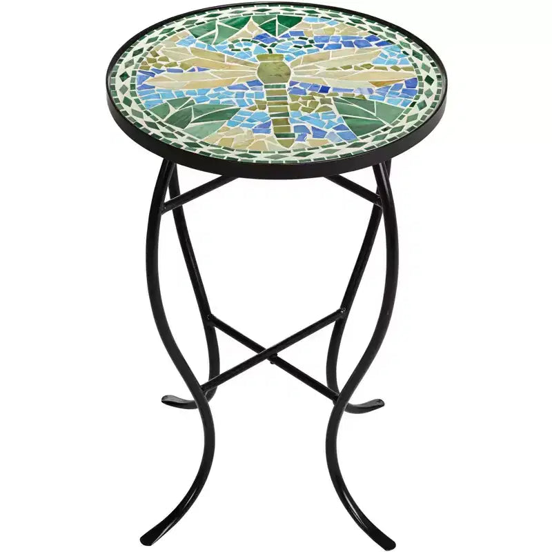 Teal Island Designs Table d'appoint ronde moderne d'extérieur noire 35,5 cm de large avec mosaïque libellule bleue et verte pour véranda, patio, maison
