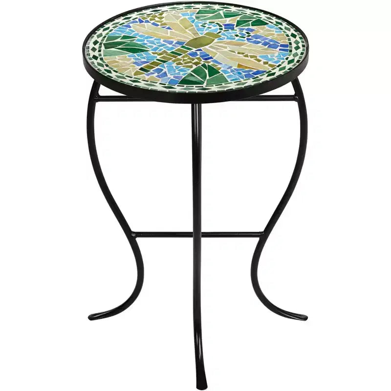 Teal Island Designs Table d'appoint ronde moderne d'extérieur noire 35,5 cm de large avec mosaïque libellule bleue et verte pour véranda, patio, maison