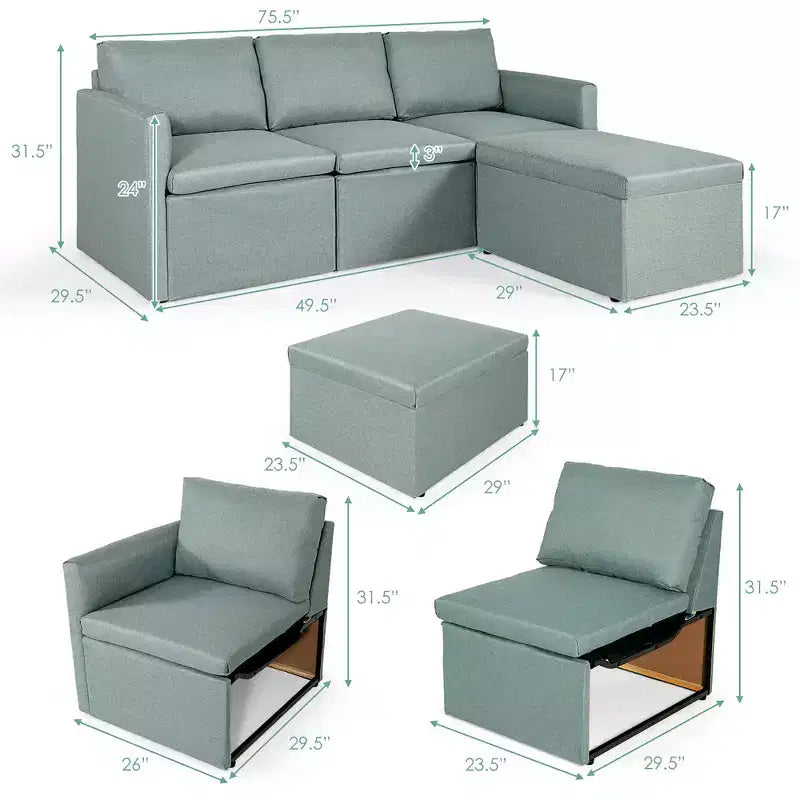 Costway Divano Sezionale Convertibile a L con Chaise Longue Reversibile Grigio Scuro\Verde\Grigio Chiaro
