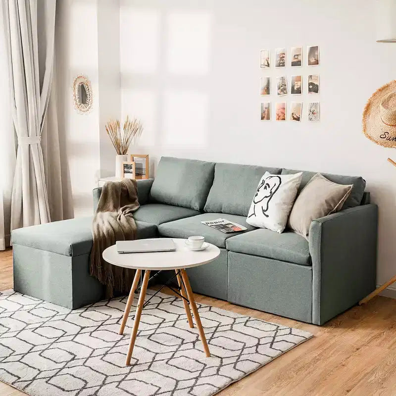 Costway Divano Sezionale Convertibile a L con Chaise Longue Reversibile Grigio Scuro\Verde\Grigio Chiaro