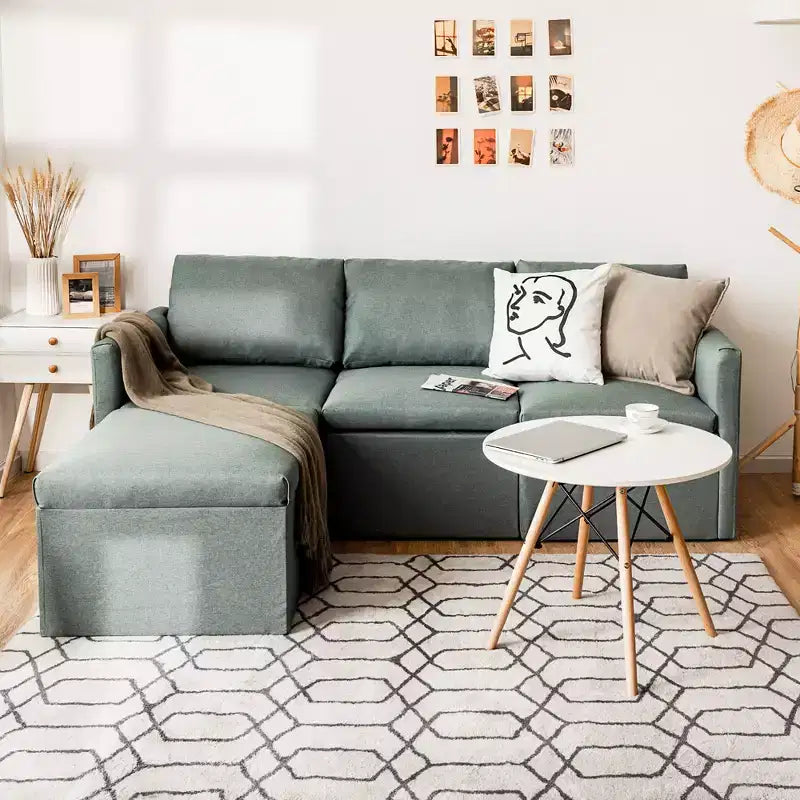 Costway Divano Sezionale Convertibile a L con Chaise Longue Reversibile Grigio Scuro\Verde\Grigio Chiaro
