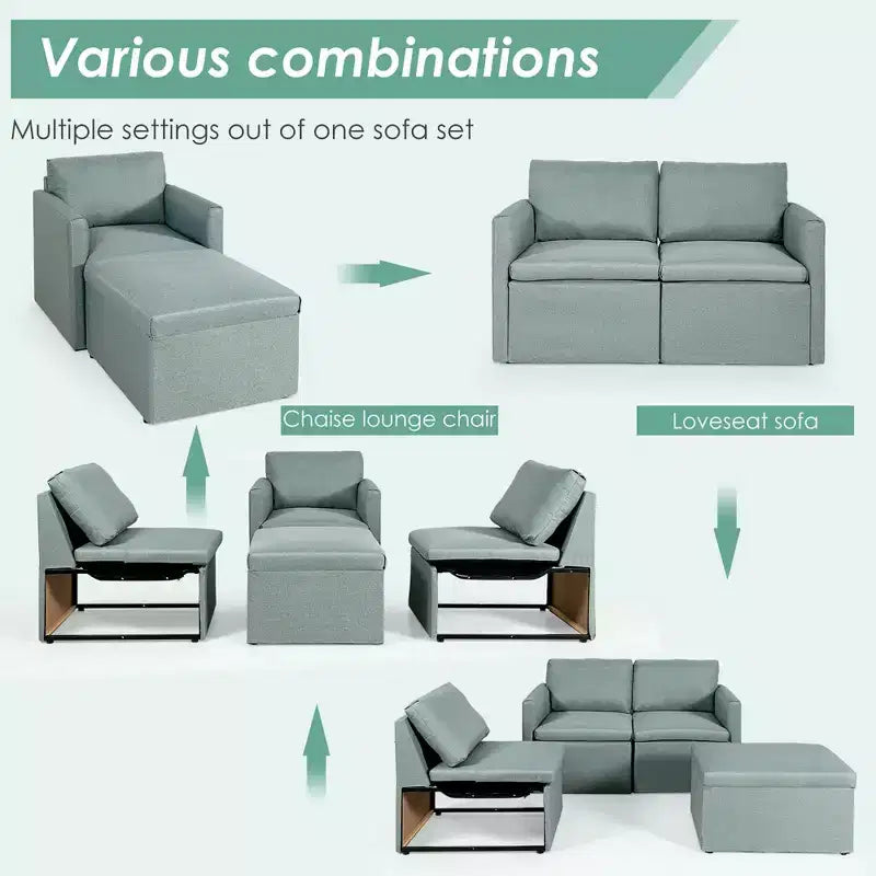 Costway Divano Sezionale Convertibile a L con Chaise Longue Reversibile Grigio Scuro\Verde\Grigio Chiaro