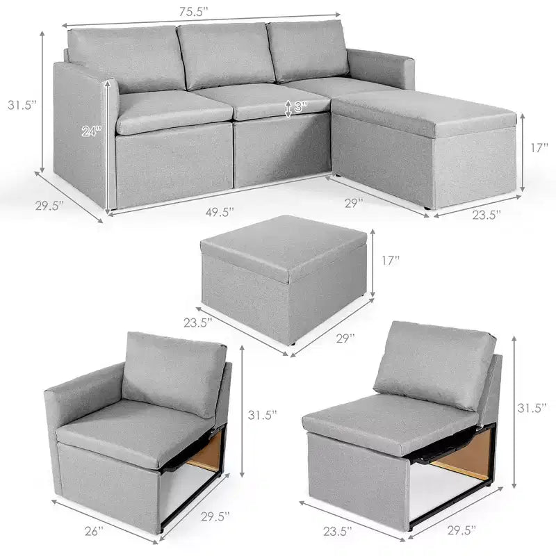 Costway Divano Sezionale Convertibile a L con Chaise Longue Reversibile Grigio Scuro\Verde\Grigio Chiaro