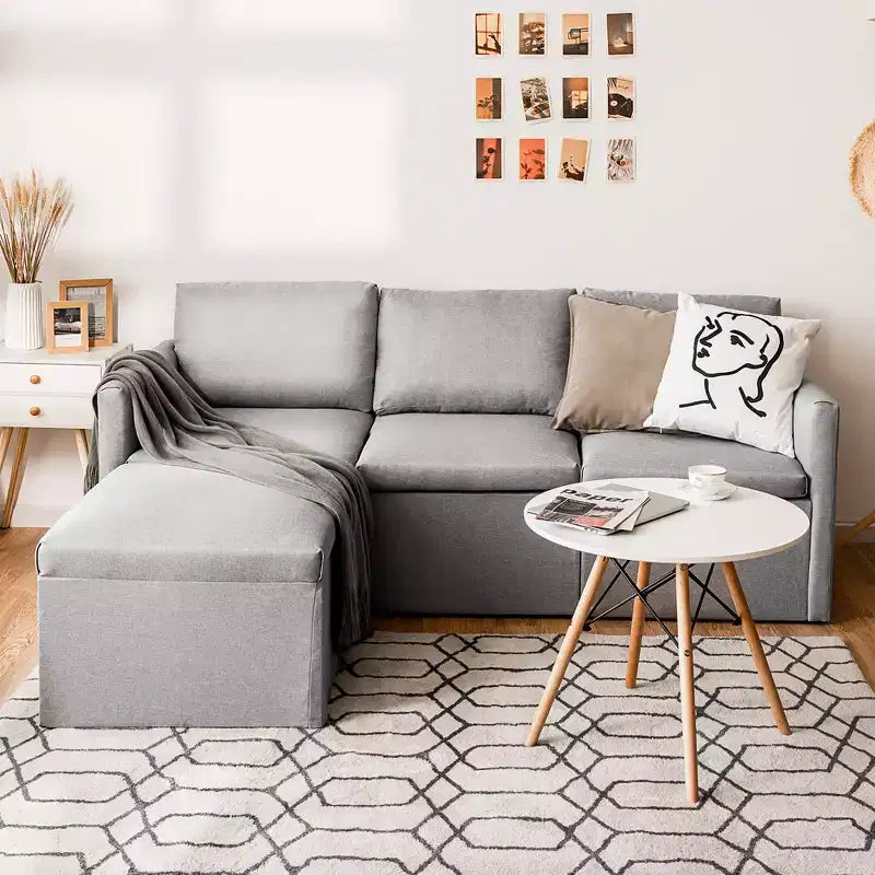 Costway Divano Sezionale Convertibile a L con Chaise Longue Reversibile Grigio Scuro\Verde\Grigio Chiaro