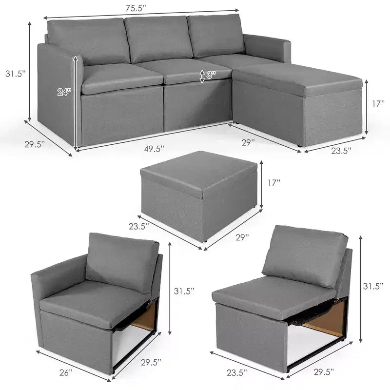 Costway Divano Sezionale Convertibile a L con Chaise Longue Reversibile Grigio Scuro\Verde\Grigio Chiaro