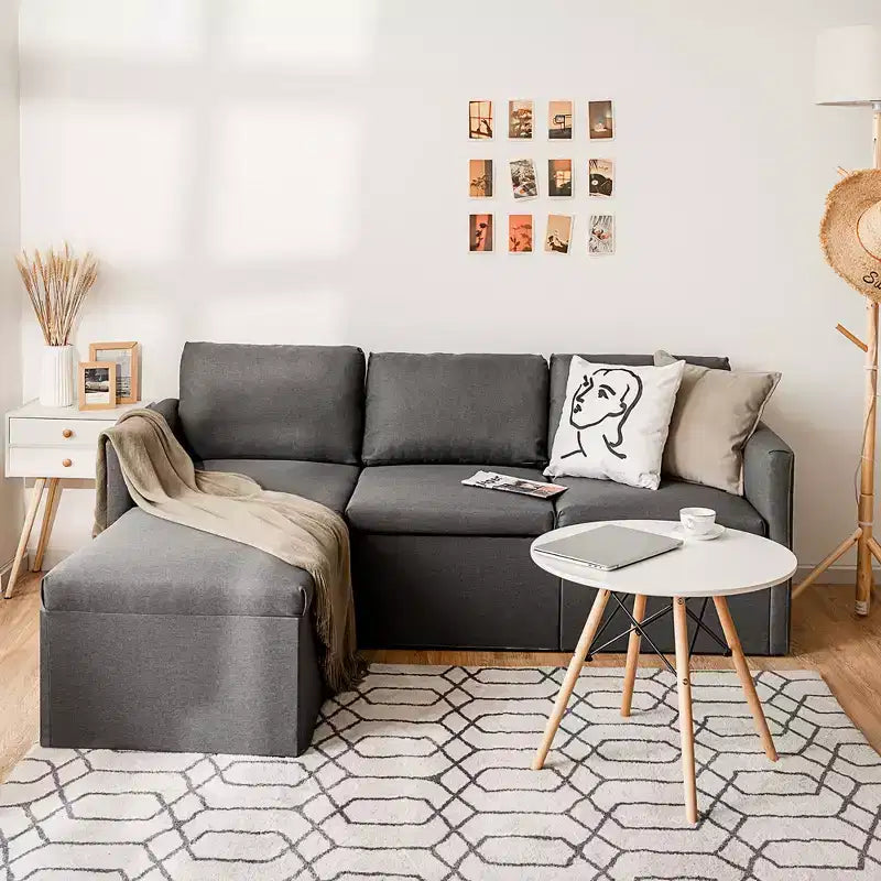 Costway Divano Sezionale Convertibile a L con Chaise Longue Reversibile Grigio Scuro\Verde\Grigio Chiaro