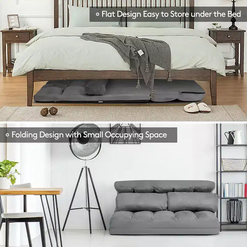 Costway Divano Letto Pieghevole da Terra con 6 Posizioni Regolabili e 2 Cuscini Blu\Beige\Grigio\Nero