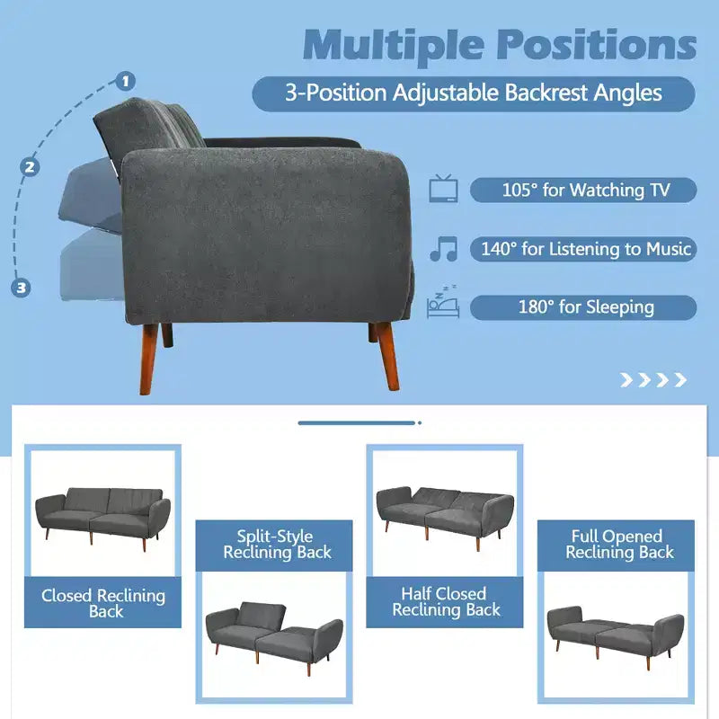 Divano Letto Futon Trasformabile Costway, Divano Letto Regolabile con Gambe in Legno Blu Scuro/Grigio/Giallo