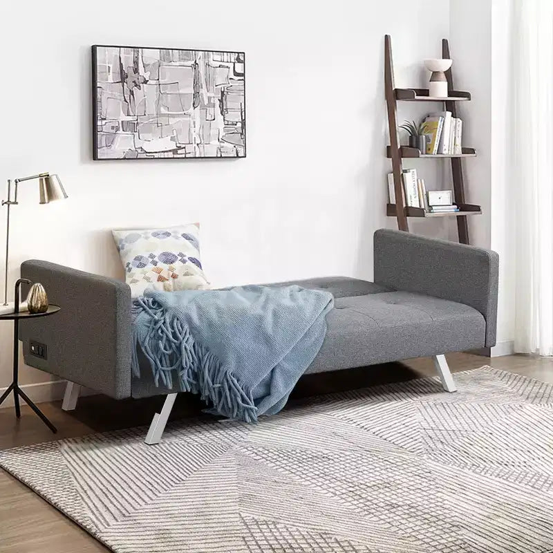 Costway Divano Letto Futon Convertibile Pieghevole Reclinabile con Porte USB e Presa di Corrente Grigio\Blu