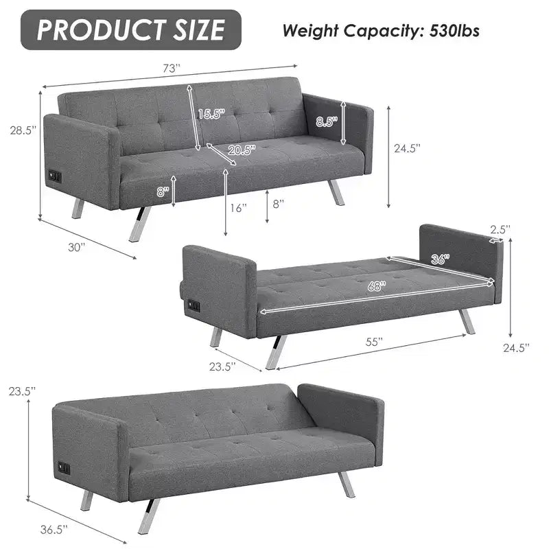 Costway Divano Letto Futon Convertibile Pieghevole Reclinabile con Porte USB e Presa di Corrente Grigio\Blu