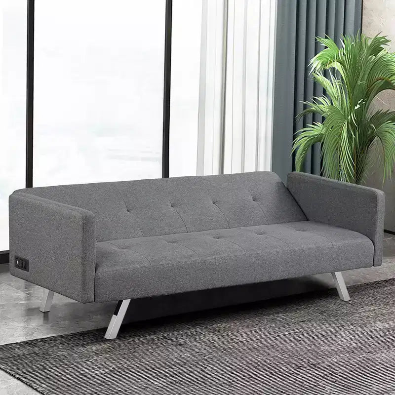 Costway Divano Letto Futon Convertibile Pieghevole Reclinabile con Porte USB e Presa di Corrente Grigio\Blu
