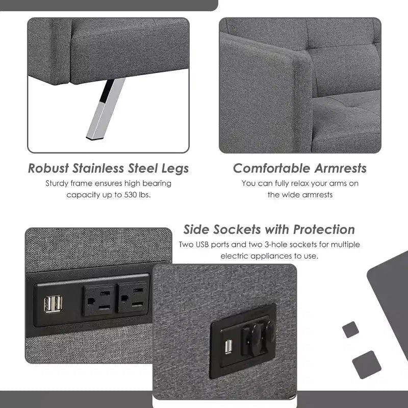 Costway Divano Letto Futon Convertibile Pieghevole Reclinabile con Porte USB e Presa di Corrente Grigio\Blu