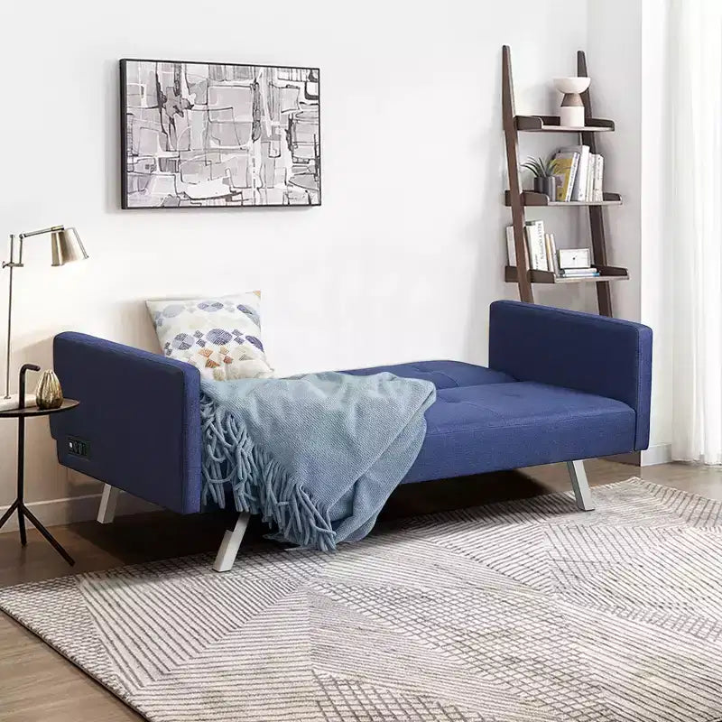 Costway Divano Letto Futon Convertibile Pieghevole Reclinabile con Porte USB e Presa di Corrente Grigio\Blu