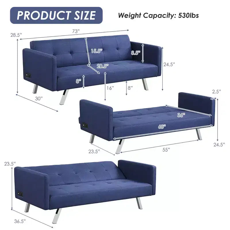 Costway Divano Letto Futon Convertibile Pieghevole Reclinabile con Porte USB e Presa di Corrente Grigio\Blu