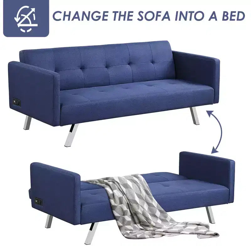 Costway Divano Letto Futon Convertibile Pieghevole Reclinabile con Porte USB e Presa di Corrente Grigio\Blu