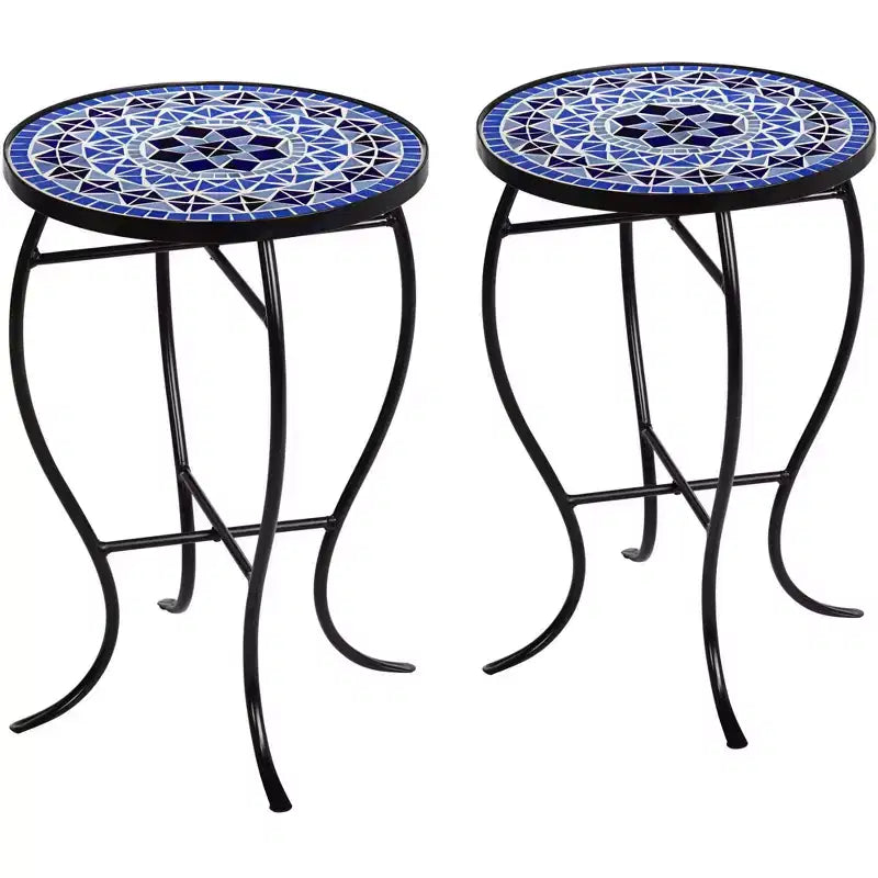 Teal Island Designs Modern Black Round Outdoor Accent Side Tables 14 Wide Set of 2 Light Blue Mosaic Tabletop Front Porch Patio Home House