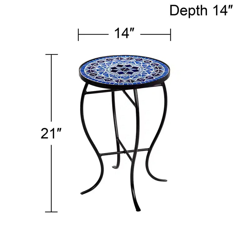 Teal Island Designs Tables d'appoint rondes extérieures modernes noires de 35,5 cm de large, lot de 2, plateau mosaïque bleu clair, pour porche avant, patio, maison