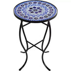 Teal Island Designs Tables d'appoint rondes extérieures modernes noires de 35,5 cm de large, lot de 2, plateau mosaïque bleu clair, pour porche avant, patio, maison