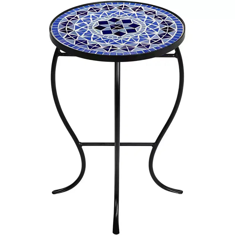 Teal Island Designs Tables d'appoint rondes extérieures modernes noires de 35,5 cm de large, lot de 2, plateau mosaïque bleu clair, pour porche avant, patio, maison