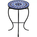 Teal Island Designs Tables d'appoint rondes extérieures modernes noires de 35,5 cm de large, lot de 2, plateau mosaïque bleu clair, pour porche avant, patio, maison