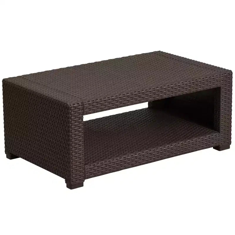 Merrick Lane Outdoor Furniture Coffee Table Chocolate Brown Faux Rattan Wicker Pattern All-Weather Patio Coffee Table With Shelving
