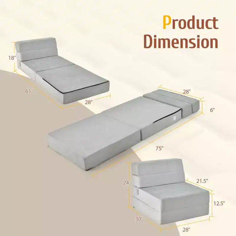 Costway Sedia Pieghevole a Tre Ante con Schienale Ribaltabile, Poltrona Relax, Divano Letto Convertibile, Grigio