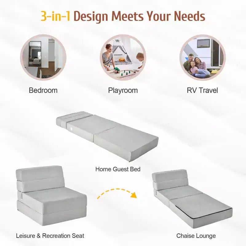 Costway Sedia Pieghevole a Tre Ante con Schienale Ribaltabile, Poltrona Relax, Divano Letto Convertibile, Grigio
